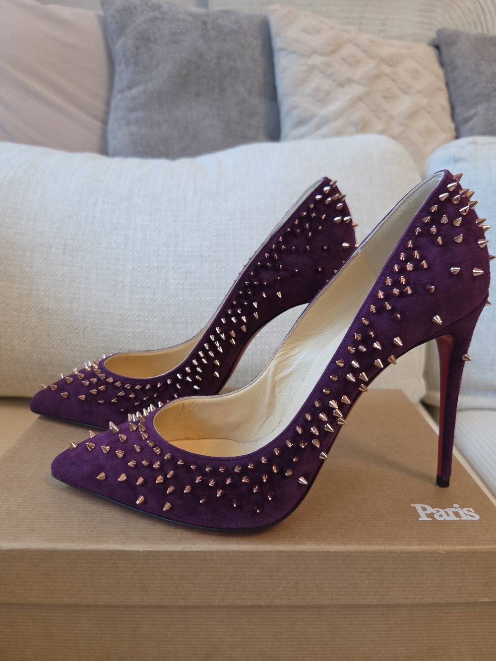 Christian Louboutin Purple Suede Spike-Stud Pointed Pumps